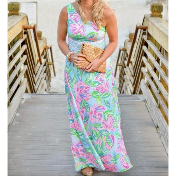 NWT LILLY PULITZER Malia One Shoulder Totally Blossom Engineered Maxi Dress Sz M - Picture 1 of 11